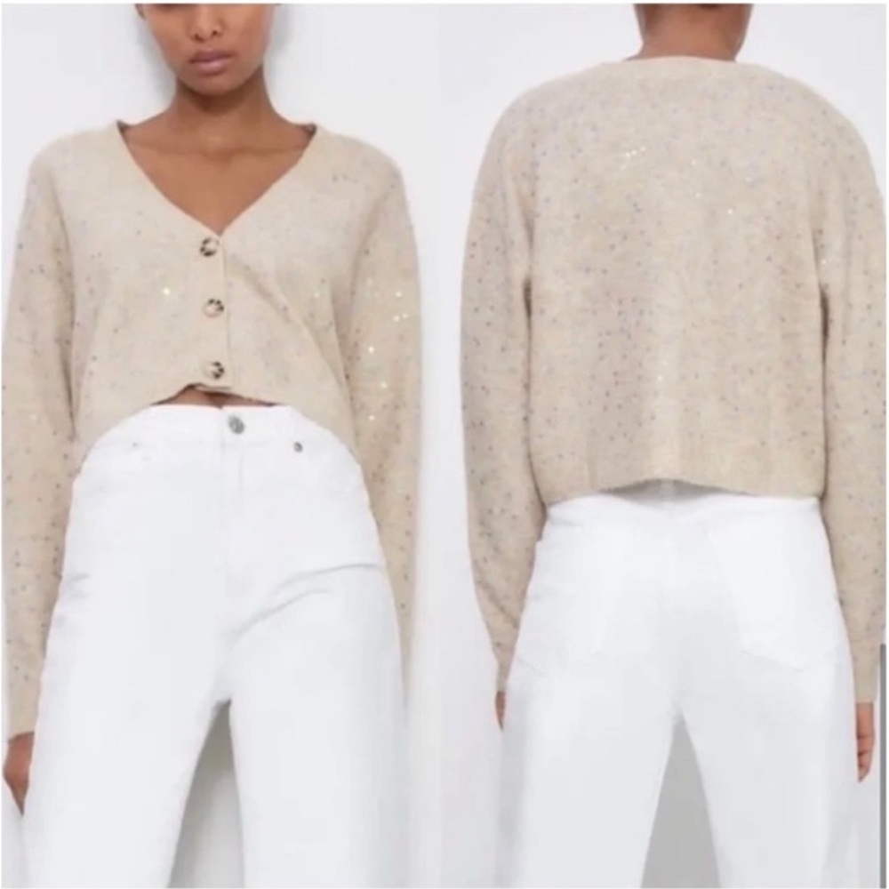 Zara Sequined Flowers Cropped Cardigan V Neck Cream Tan Sz L